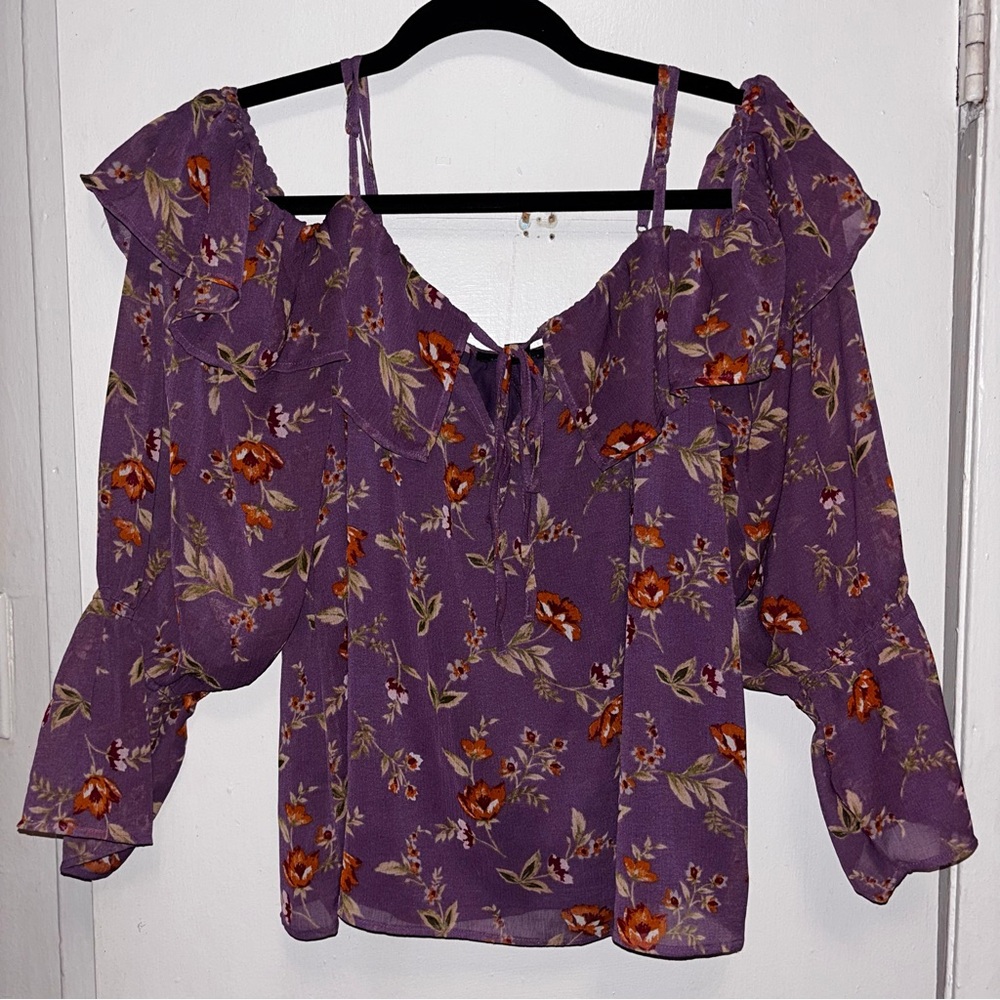 Purple Off the Shoulder Blouse with Floral Pattern